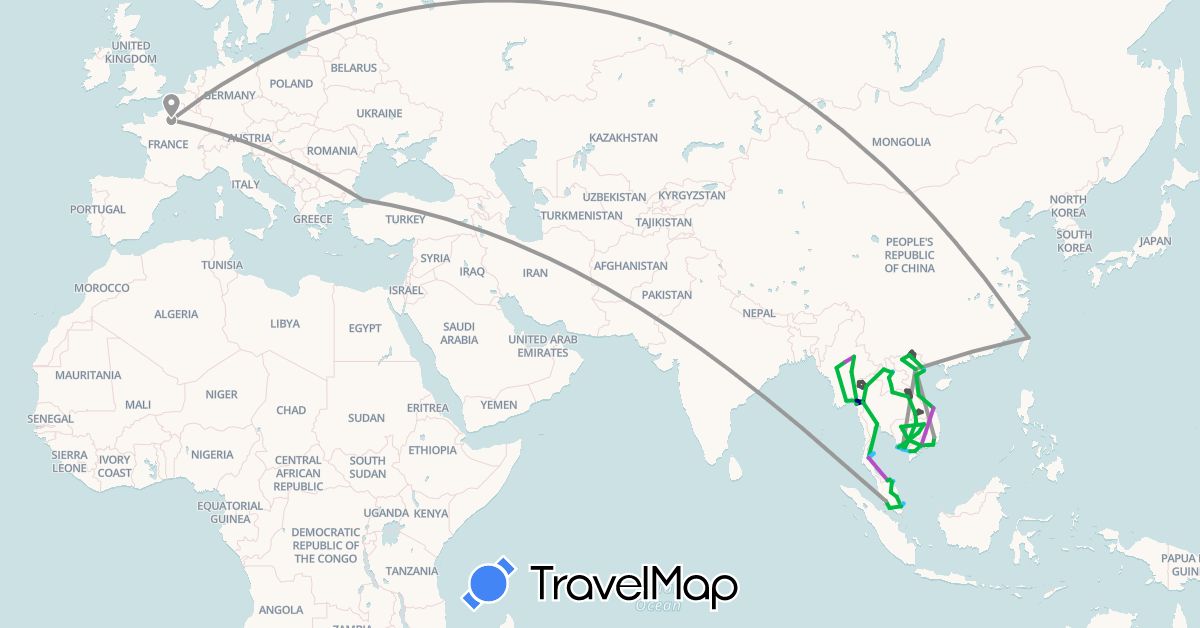 TravelMap itinerary: driving, bus, plane, train, boat, motorbike in France, Cambodia, Laos, Myanmar (Burma), Malaysia, Thailand, Turkey, Taiwan, Vietnam (Asia, Europe)
